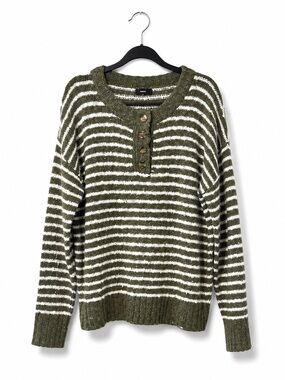 NWOT Mittoshop Olive & White Striped Crew Sweater with Buttons